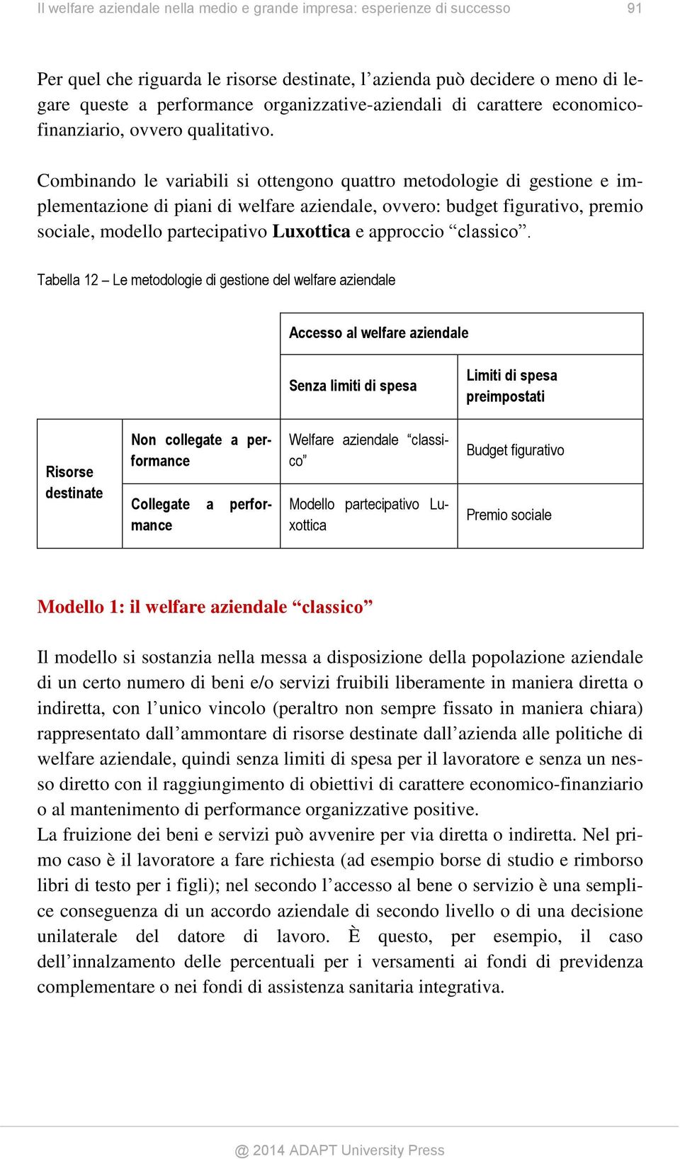 Combinando le variabili si ottengono quattro metodologie di gestione e implementazione di piani di welfare aziendale, ovvero: budget figurativo, premio sociale, modello partecipativo Luxottica e