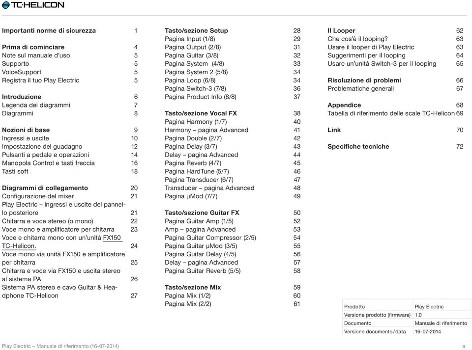 Play Electric ingressi e uscite del pannello posteriore 21 Chitarra e voce stereo (o mono) 22 Voce mono e amplificatore per chitarra 23 Voce e chitarra mono con un unità FX150 TC-Helicon.