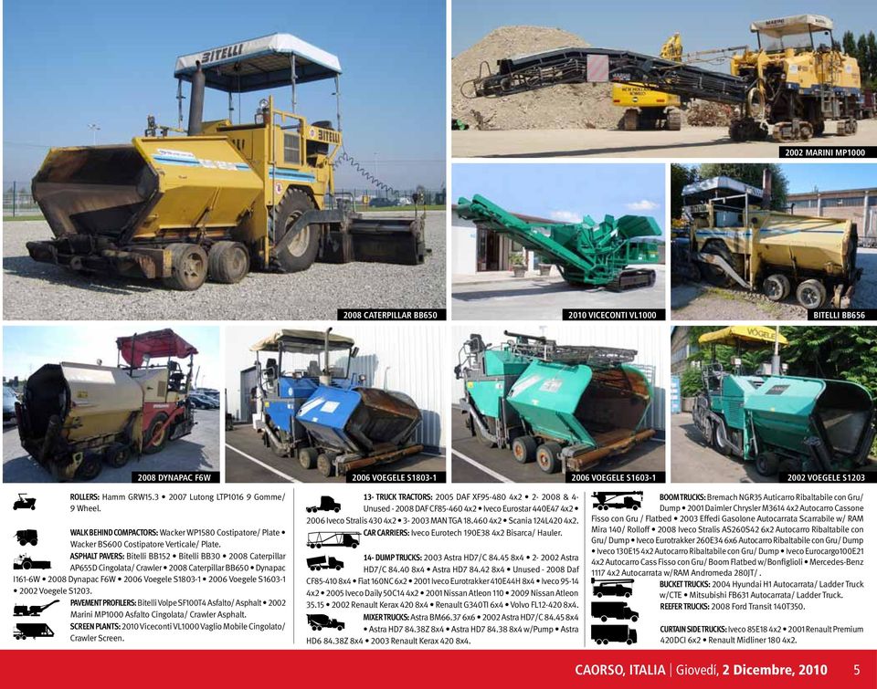 ASPHALT PAVERS: Bitelli BB152 Bitelli BB30 2008 Caterpillar eap655d Cingolata/ Crawler 2008 Caterpillar BB650 Dynapac I161-6W 2008 Dynapac F6W 2006 Voegele S1803-1 2006 Voegele S1603-1 2002 Voegele