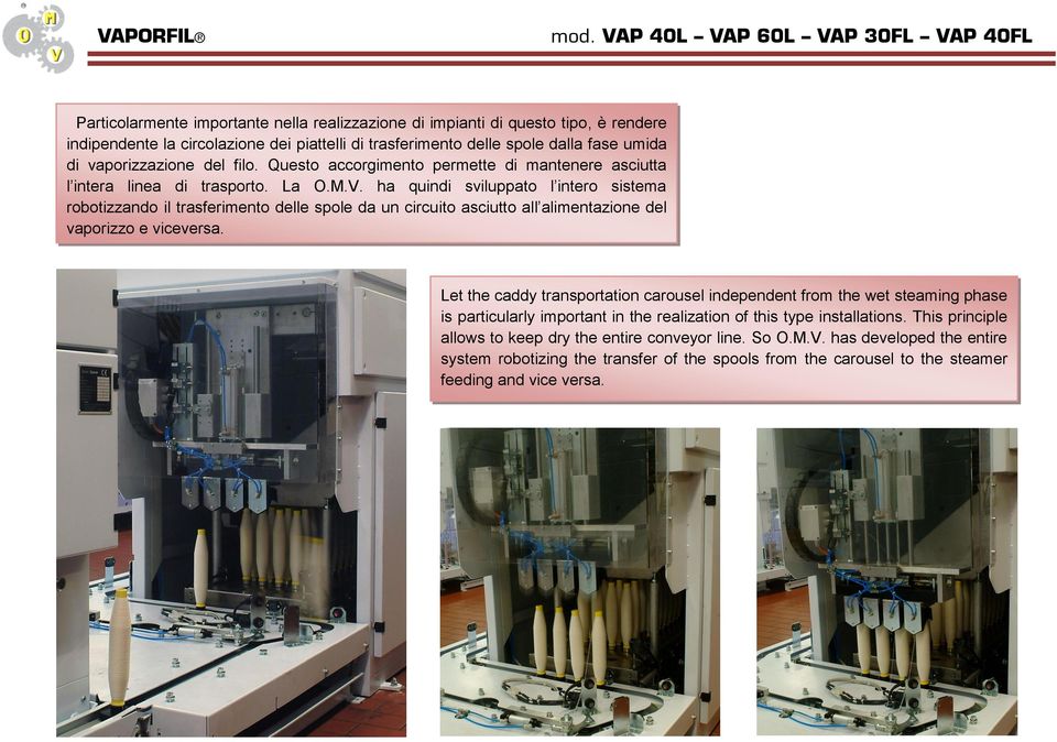 ha quindi sviluppato l intero sistema robotizzando il trasferimento delle spole da un circuito asciutto all alimentazione del vaporizzo e viceversa.