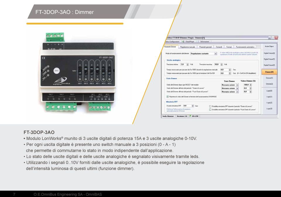 indipendente dall applicazione. Lo stato delle uscite digitali e delle uscite analogiche é segnalato visivamente tramite leds.