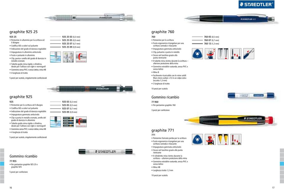 (0,7 mm) 760 13 (1,3 mm) Impugnatura in alluminio antiscivolo Fusto e pulsante in alluminio Clip, punta e anello del grado di durezza in metallo cromato Tubetto guida mina rigido e cilindrico, ideale