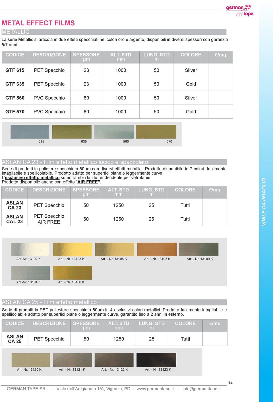 lucido e spazzolato Serie di prodotti in polietere specchiato 50μ con diversi effetti etallici. Prodotto disponibile in 7 colori, facilente intagliabile e spellicolabile.