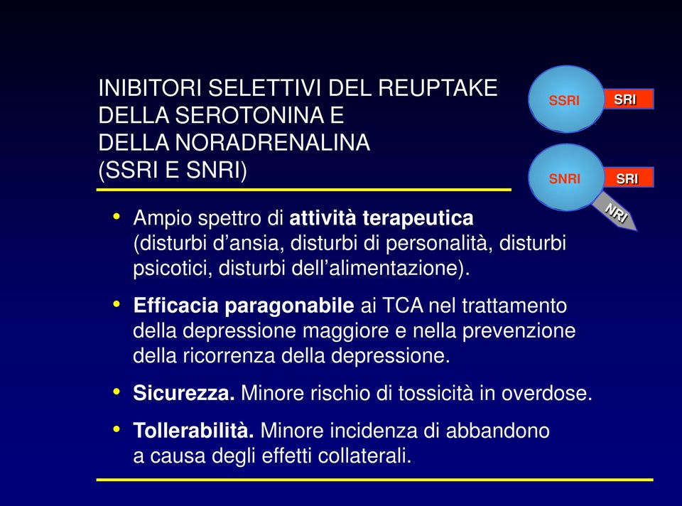 Efficacia paragonabile ai TCA nel trattamento della depressione maggiore e nella prevenzione della ricorrenza della