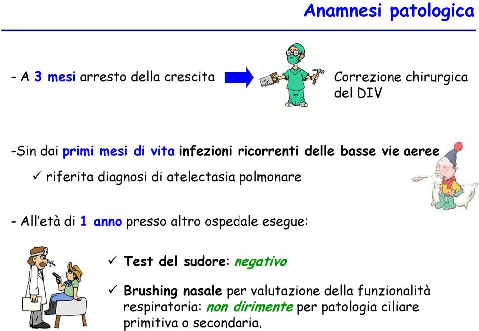 - All età di 1 anno presso altro ospedale esegue: Test del sudore: negativo Brushing nasale per