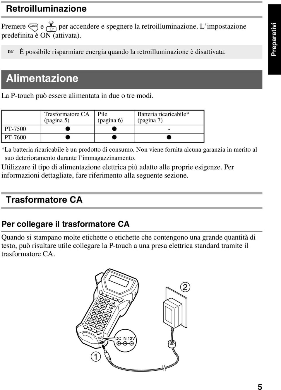 Trasformatore CA (pagina 5) Pile (pagina 6) Batteria ricaricabile* (pagina 7) PT-7500 - PT-7600 *La batteria ricaricabile è un prodotto di consumo.