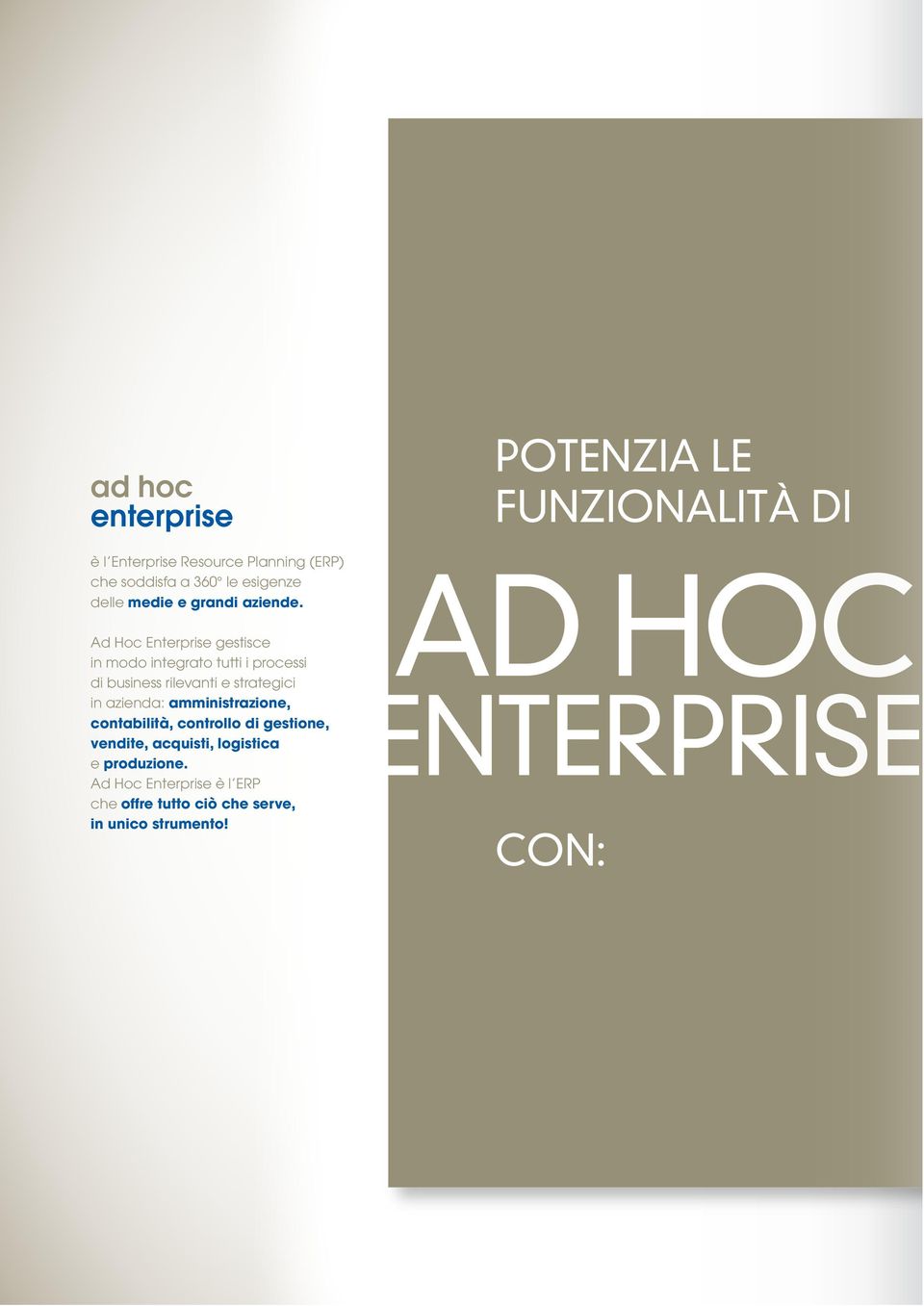 Ad Hoc Enterprise gestisce in modo integrato tutti i processi di business rilevanti e strategici in azienda: