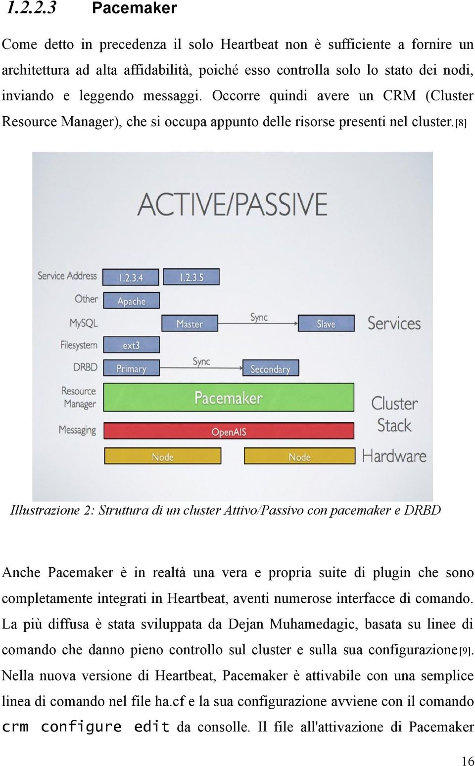 [8] Illustrazione 2: Struttura di un cluster Attivo/Passivo con pacemaker e DRBD Anche Pacemaker è in realtà una vera e propria suite di plugin che sono completamente integrati in Heartbeat, aventi