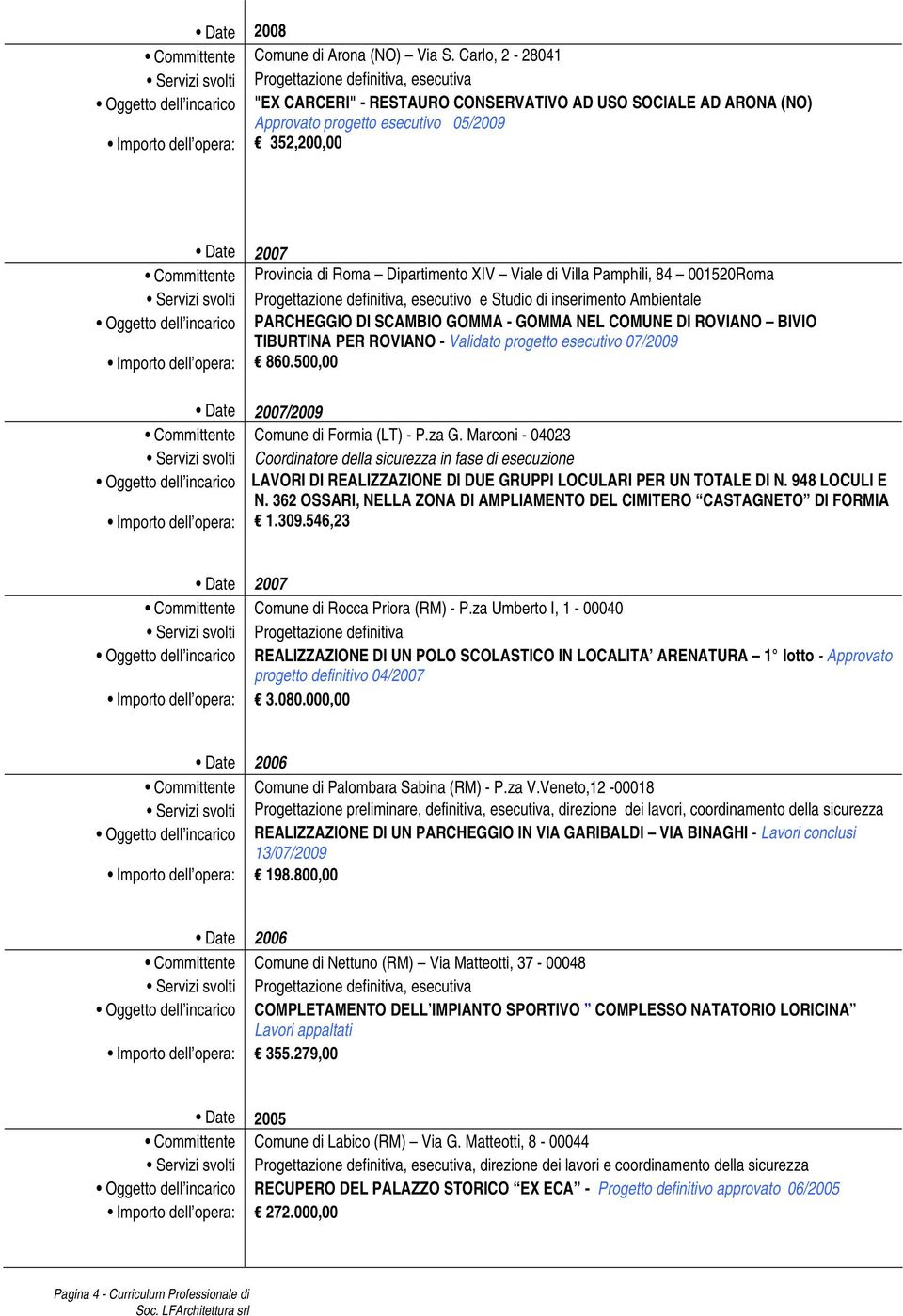 dell opera: 352,200,00 Date 2007 Committente Provincia di Roma Dipartimento XIV Viale di Villa Pamphili, 84 001520Roma Servizi svolti Progettazione definitiva, esecutivo e Studio di inserimento