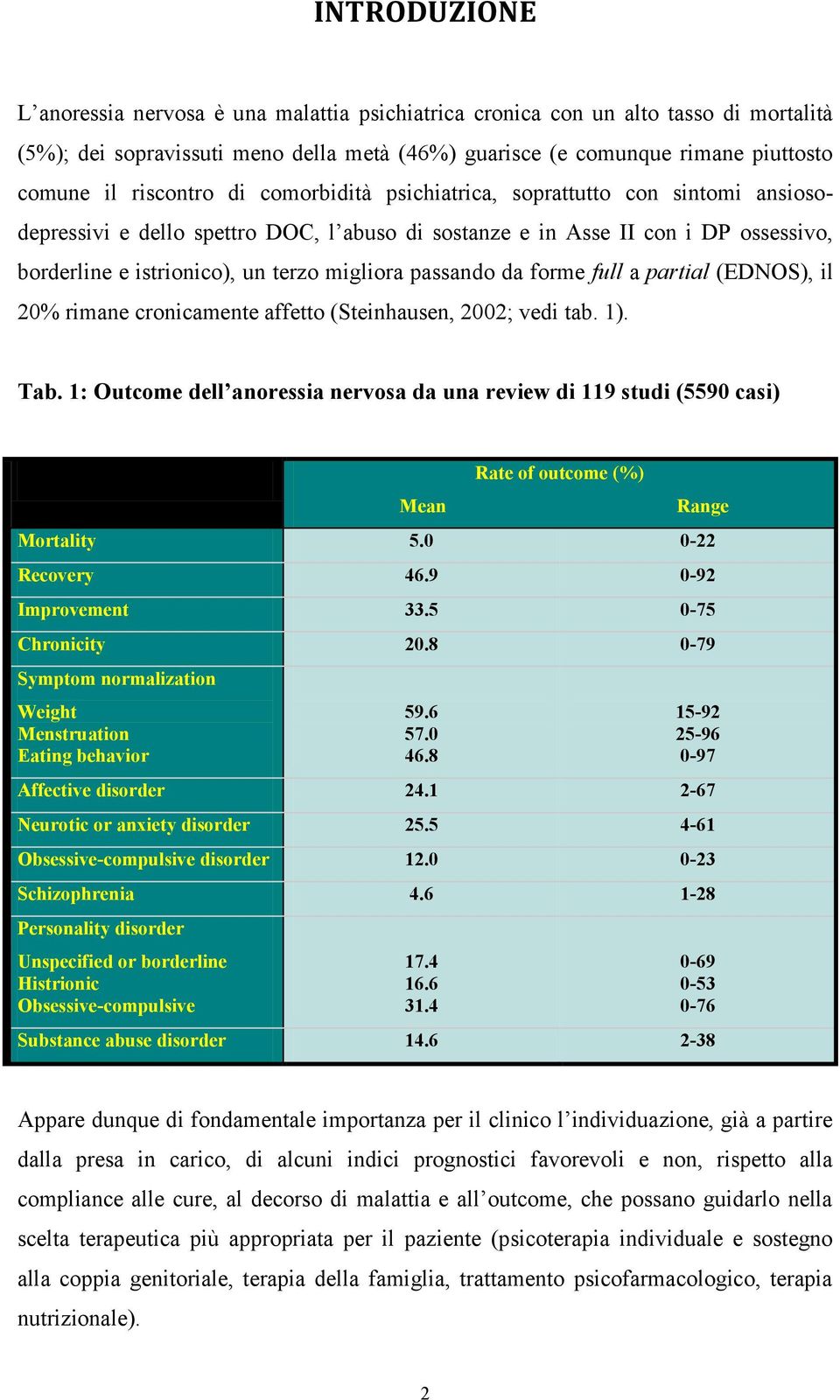 passando da forme full a partial (EDNOS), il 20% rimane cronicamente affetto (Steinhausen, 2002; vedi tab. 1). Tab.