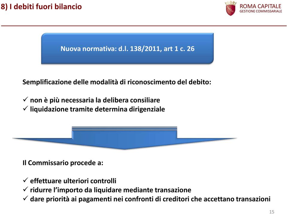 consiliare liquidazione tramite determina dirigenziale Il Commissario procede a: effettuare ulteriori