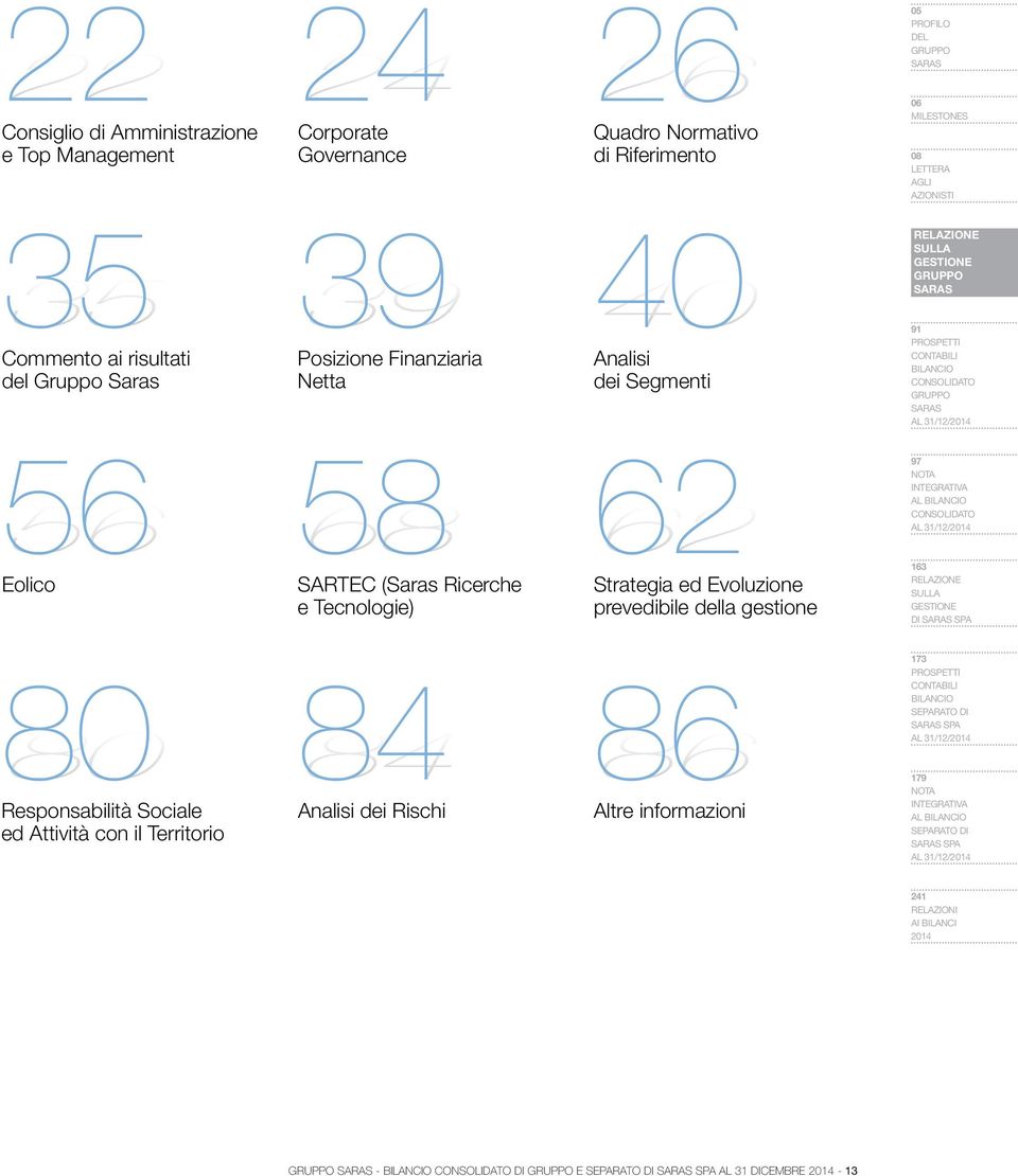 97 AL Eolico SARTEC (Saras Ricerche e Tecnologie) Strategia ed Evoluzione prevedibile della gestione 163 DI SPA 80 80 84 84 86 86 173 SPA