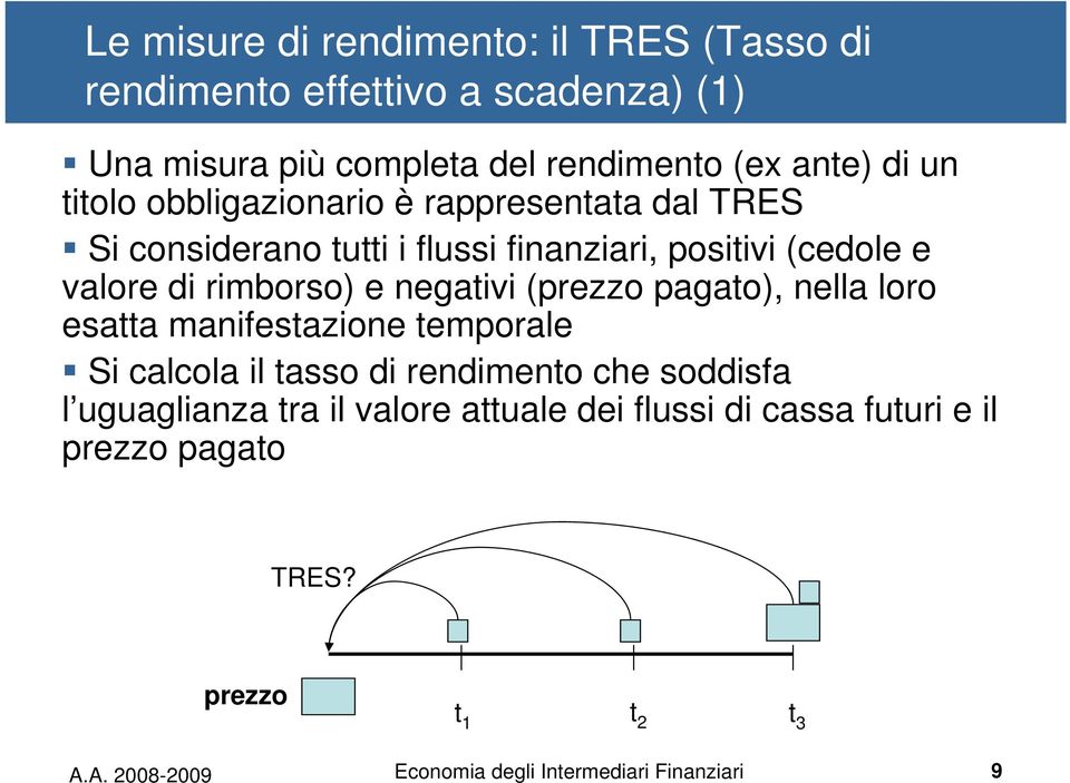 negativi (prezzo pagato), nella loro esatta manifestazione temporale Si calcola il tasso di rendimento che soddisfa l uguaglianza tra