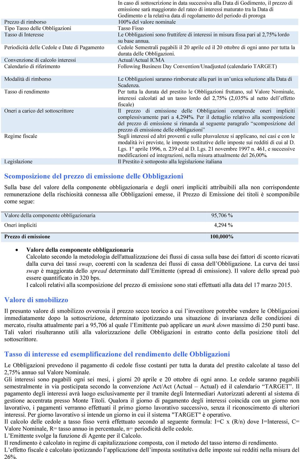 interessi maturato tra la Data di Godimento e la relativa data di regolamento del periodo di proroga 100% del valore nominale Tasso Fisso Le Obbligazioni sono fruttifere di interessi in misura fissa