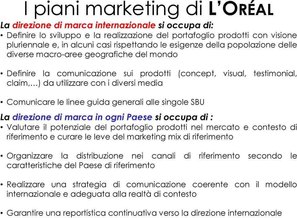 Comunicare le linee guida generali alle singole SBU LadirezionedimarcainogniPaesesioccupadi: Valutare il potenziale del portafoglio prodotti nel mercato e contesto di riferimento e curare le leve del