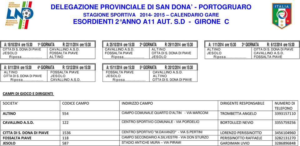 S.D. FOSSALTA PIAVE ALTINO CITTA DI S. DONA DI PIAVE JESOLO A: 15/11/2014 ore 15:30 5^ GIORNATA R: 20/12/2014 ore 15:30 FOSSALTA PIAVE CAVALLINO A.S.D. JESOLO ALTINO CITTA DI S.