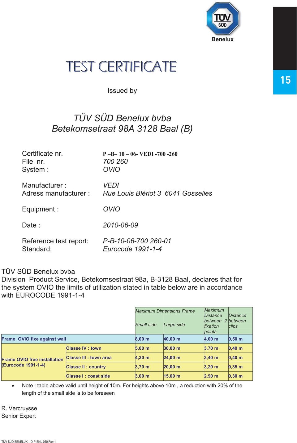 1991-1-4 TÜV SÜD Benelux bvba Division Product Service, Betekomsestraat 98a, B-3128 Baal, declares that for the system OVIO the limits of utilization stated in table below are in accordance with
