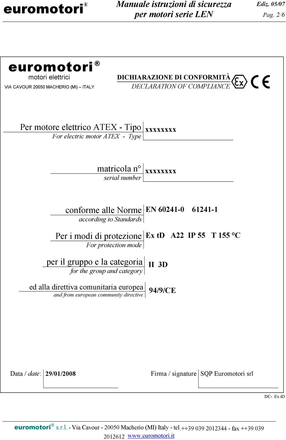 modi di protezione For protection mode per il gruppo e la categoria for the group and category ed alla direttiva comunitaria europea and from