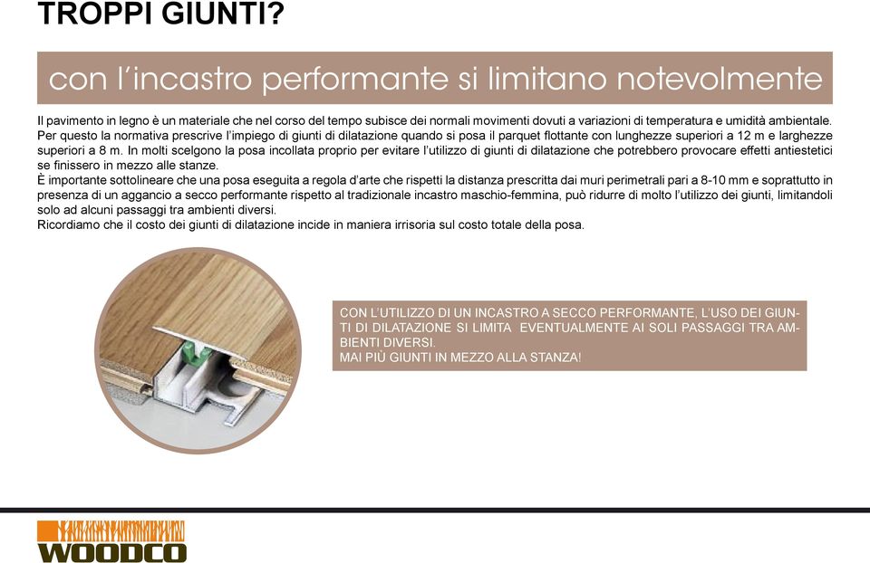 Per questo la normativa prescrive l impiego di giunti di dilatazione quando si posa il parquet flottante con lunghezze superiori a 12 m e larghezze superiori a 8 m.