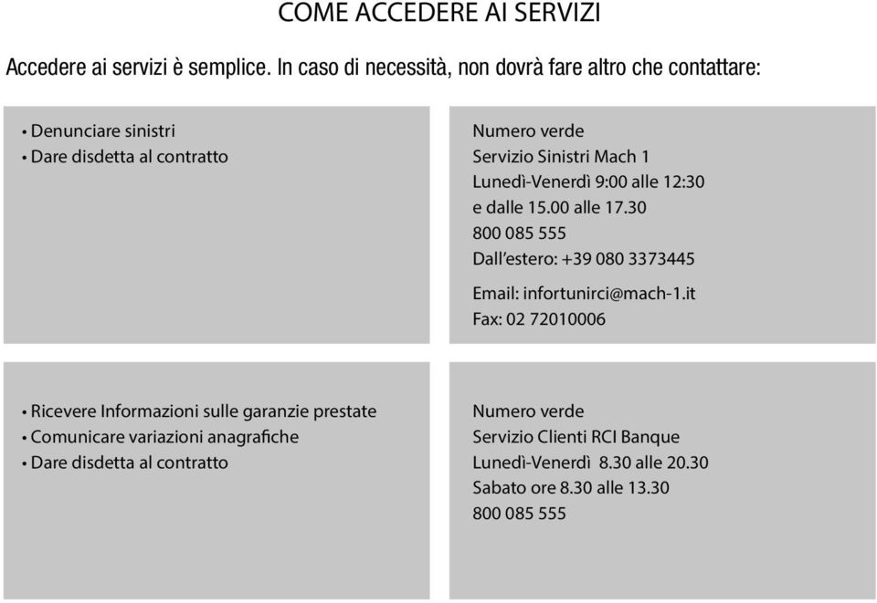 Mach 1 Lunedì-Venerdì 9:00 alle 12:30 e dalle 15.00 alle 17.30 800 085 555 Dall estero: +39 080 3373445 Email: infortunirci@mach-1.