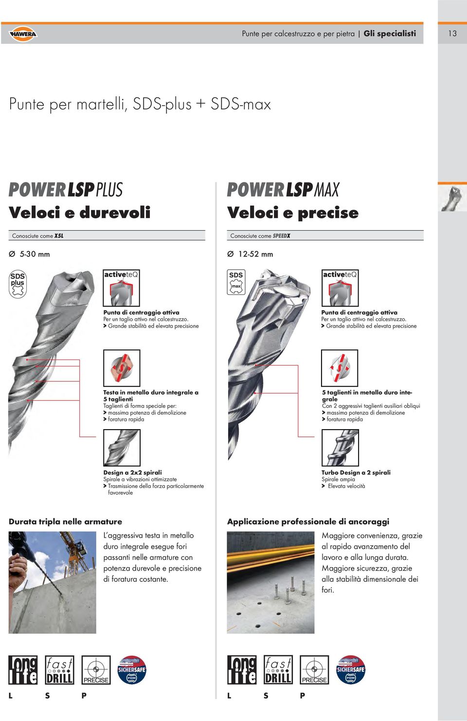 > Grande stabilità ed elevata precisione Testa in metallo duro integrale a 5 taglienti Taglienti di forma speciale per: > massima potenza di demolizione > foratura rapida 5 taglienti in metallo duro