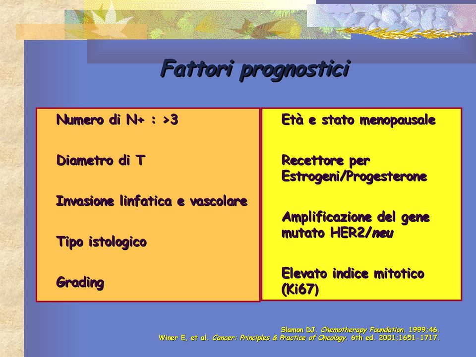Amplificazione del gene mutato HER2/neu Elevato indice mitotico (Ki67) Slamon DJ.