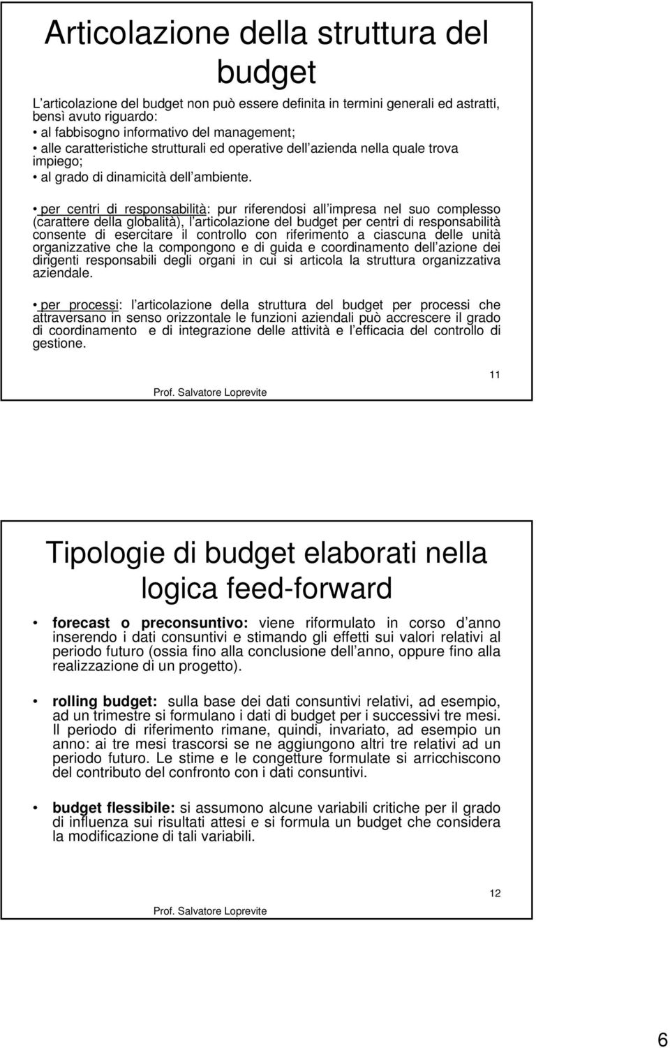 per centri di responsabilità: pur riferendosi all impresa nel suo complesso (carattere della globalità), l articolazione del budget per centri di responsabilità consente di esercitare il controllo