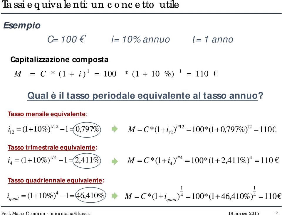 Tasso mensile equivalente: 1/12 i12 (1 10%) 1 0,797% Tasso trimestrale equivalente: 1/ 4 i4 (1 10%) 1 2,411% t*12 12 C*(1 i12 )