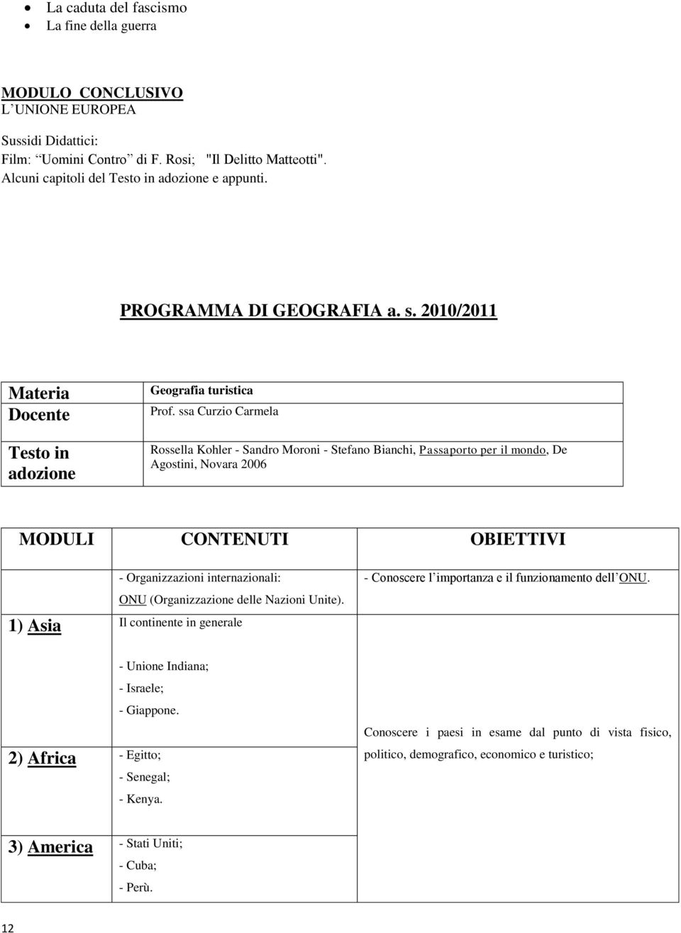 ssa Curzio Carmela Rossella Kohler - Sandro Moroni - Stefano Bianchi, Passaporto per il mondo, De Agostini, Novara 2006 MODULI CONTENUTI OBIETTIVI - Organizzazioni internazionali: ONU (Organizzazione