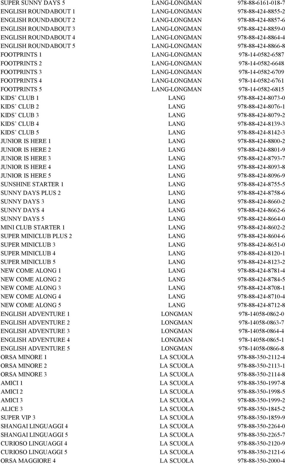 978-14-0582-6648 FOOTPRINTS 3 LANG-LONGMAN 978-14-0582-6709 FOOTPRINTS 4 LANG-LONGMAN 978-14-0582-6761 FOOTPRINTS 5 LANG-LONGMAN 978-14-0582-6815 KIDS CLUB 1 LANG 978-88-424-8073-0 KIDS CLUB 2 LANG