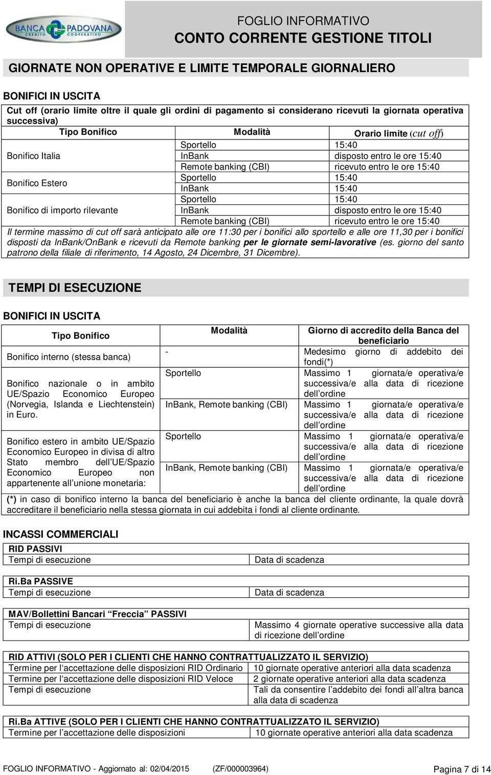 15:40 Sportello 15:40 Bonifico di importo rilevante InBank disposto entro le ore 15:40 Remote banking (CBI) ricevuto entro le ore 15:40 Il termine massimo di cut off sarà anticipato alle ore 11:30