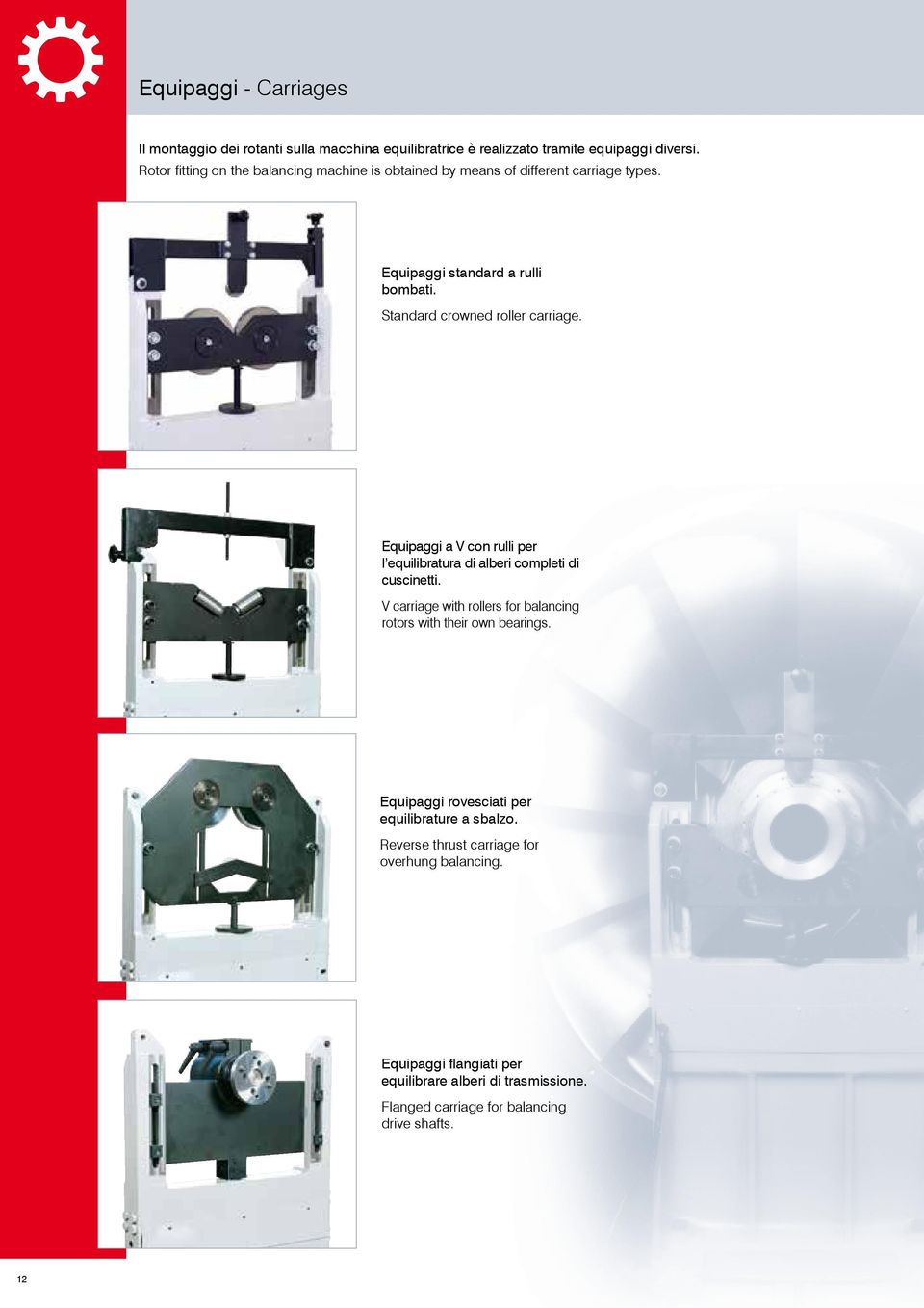 Standard crowned roller carriage. Equipaggi a V con rulli per l equilibratura di alberi completi di cuscinetti.