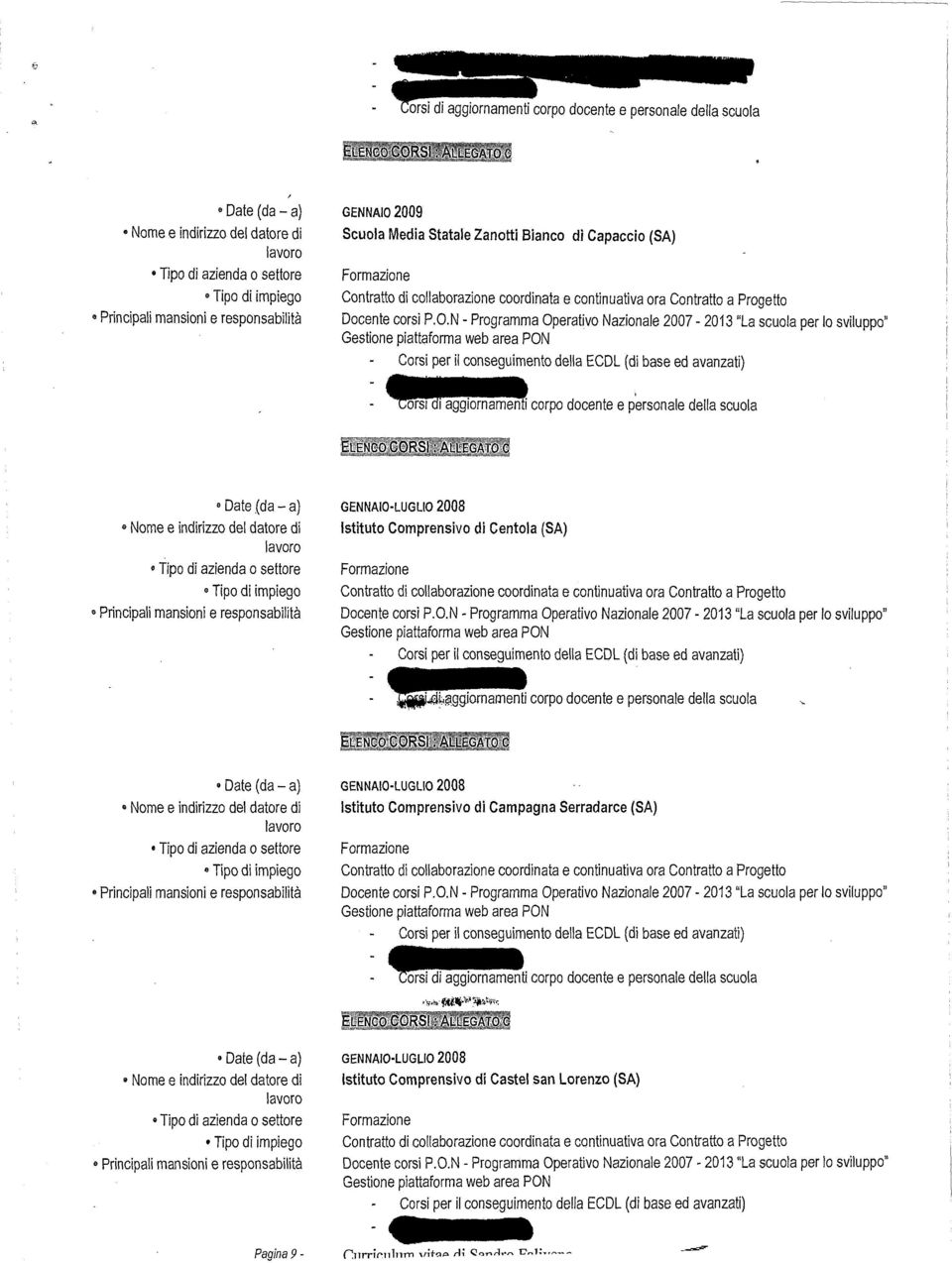 N- Programma Operativo Nazionale 2007-2013 "La scuola per lo sviluppo" ~ ~corpo docente e personale della scuola Date {da- a) GENNAIO-LUGLIO 2008 Istituto Comprensivo di Centola (SA) Docente