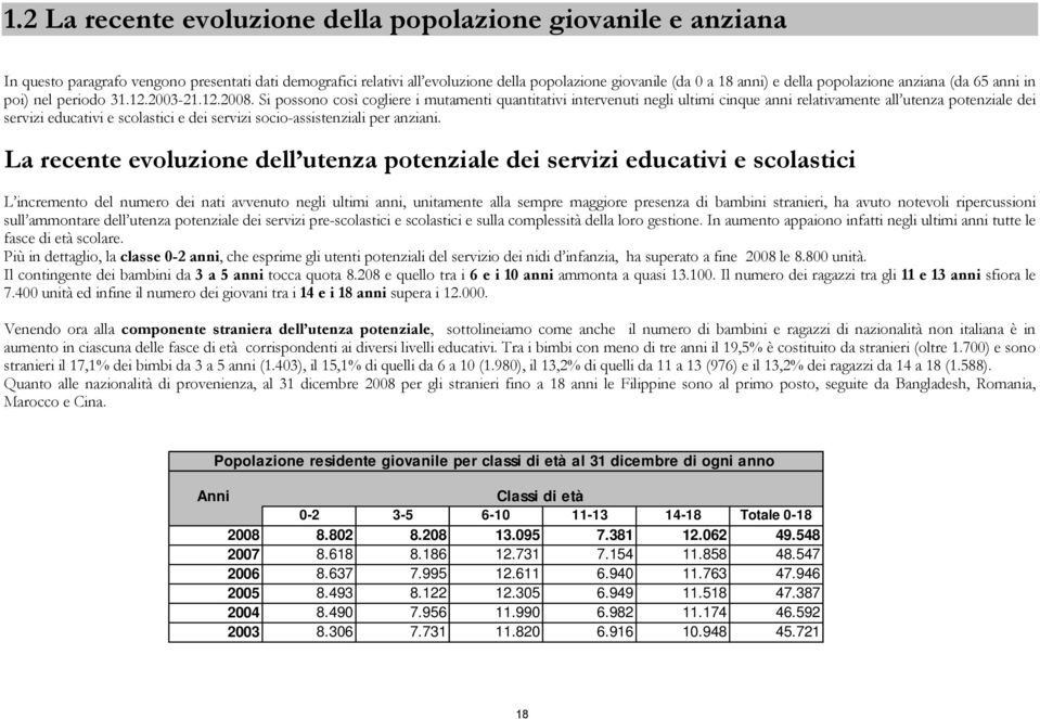 Si possono così cogliere i mutamenti quantitativi intervenuti negli ultimi cinque anni relativamente all utenza potenziale dei servizi educativi e scolastici e dei servizi socio-assistenziali per