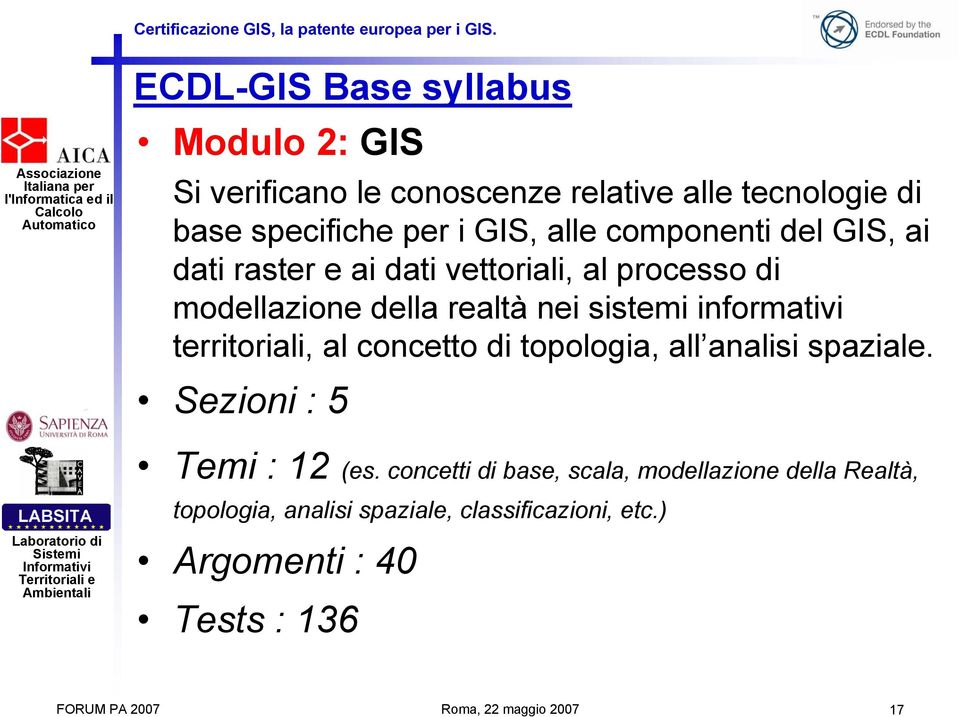 sistemi informativi territoriali, al concetto di topologia, all analisi spaziale. Sezioni : 5 Temi : 12 (es.