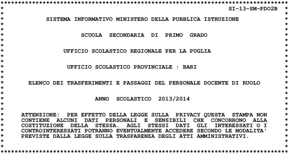 * * * * ANNO SCOLASTICO 2013/2014 * * * * * * ATTENZIONE: PER EFFETTO DELLA LEGGE SULLA PRIVACY QUESTA STAMPA NON * * CONTIENE ALCUNI DATI PERSONALI E SENSIBILI CHE CONCORRONO ALLA * * COSTITUZIONE