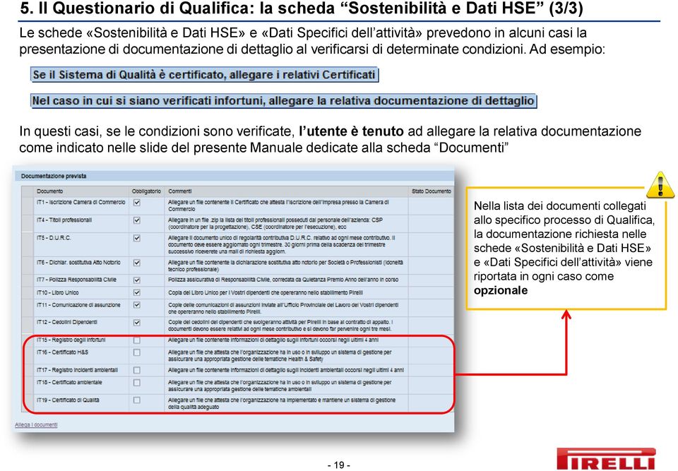 Ad esempio: In questi casi, se le condizioni sono verificate, l utente è tenuto ad allegare la relativa documentazione come indicato nelle slide del presente Manuale