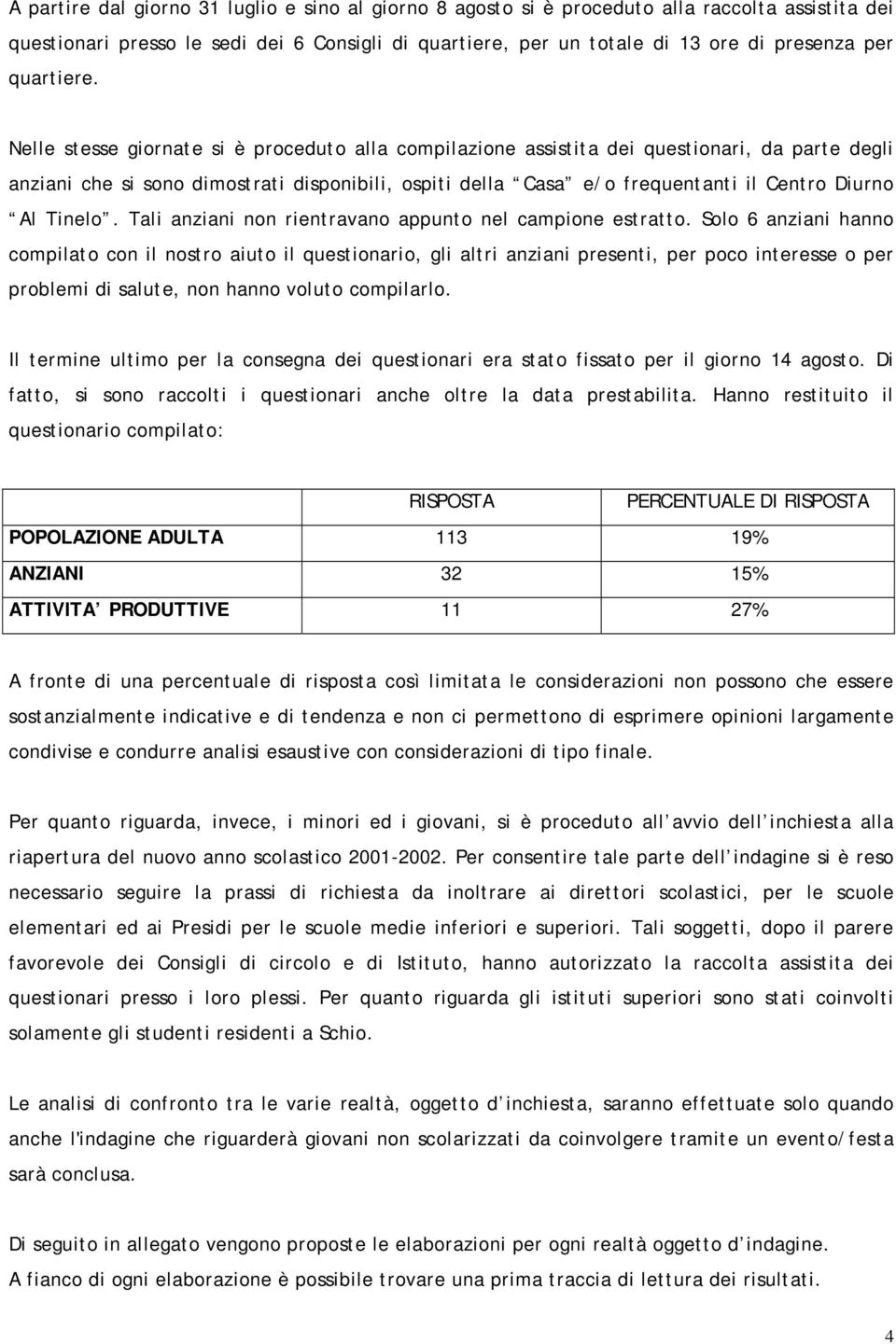 Nelle stesse giornate si è proceduto alla compilazione assistita dei questionari, da parte degli anziani che si sono dimostrati disponibili, ospiti della Casa e/o frequentanti il Centro Diurno Al