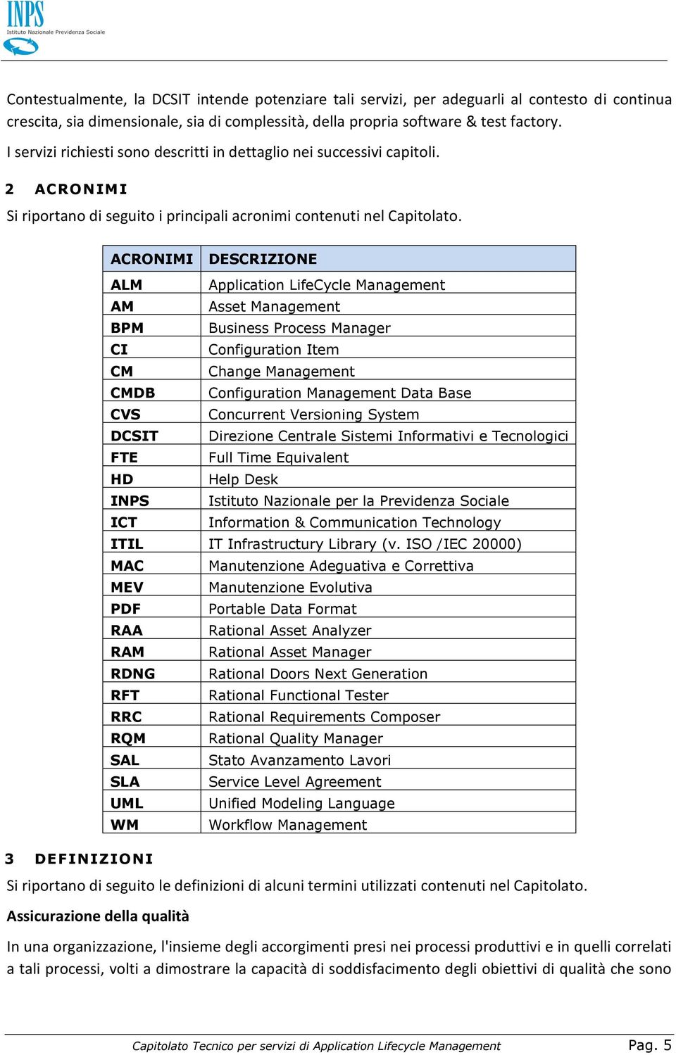 ACRONIMI DESCRIZIONE ALM AM BPM CI CM CMDB CVS DCSIT FTE HD INPS ICT Application LifeCycle Management Asset Management Business Process Manager Configuration Item Change Management Configuration