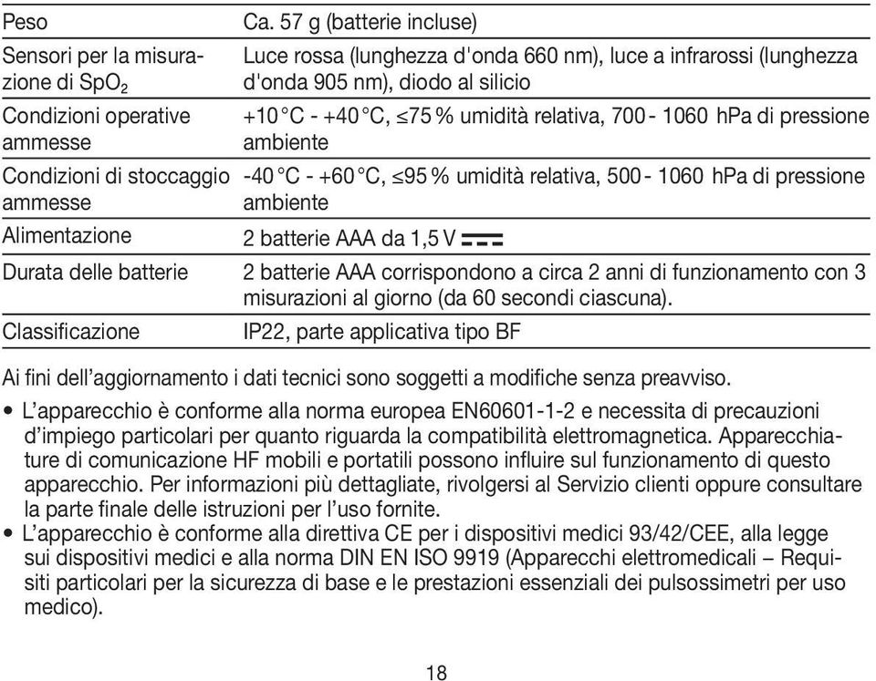 -40 C - +60 C, 95 % umidità relativa, 500-1060 hpa di pressione ambiente Alimentazione 2 batterie AAA da 1,5 V Durata delle batterie 2 batterie AAA corrispondono a circa 2 anni di funzionamento con 3