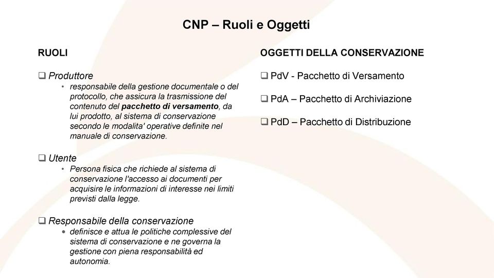 OGGETTI DELLA CONSERVAZIONE PdV - Pacchetto di Versamento PdA Pacchetto di Archiviazione PdD Pacchetto di Distribuzione Utente Persona fisica che richiede al sistema di conservazione