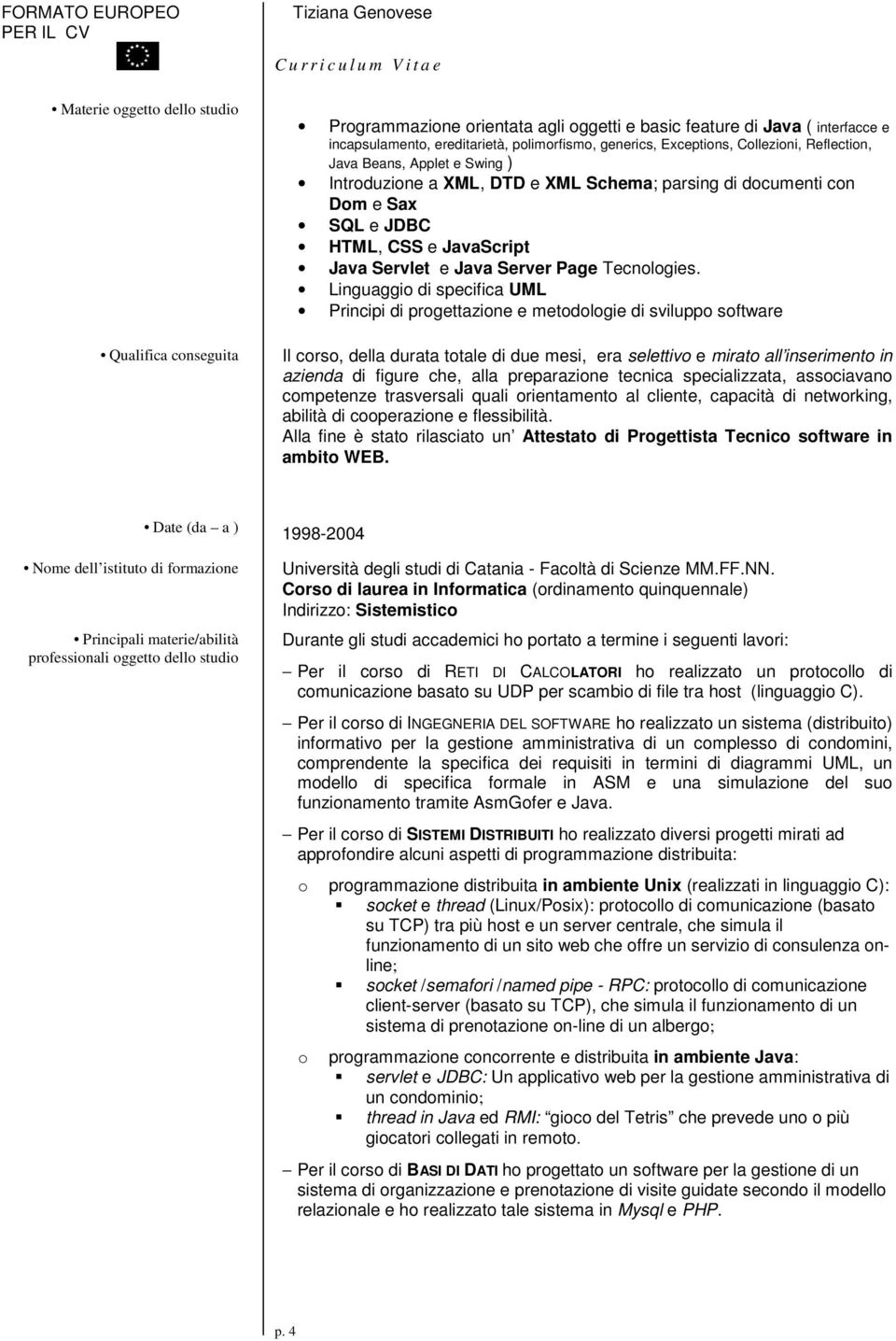 Linguaggio di specifica UML Principi di progettazione e metodologie di sviluppo software Il corso, della durata totale di due mesi, era selettivo e mirato all inserimento in azienda di figure che,