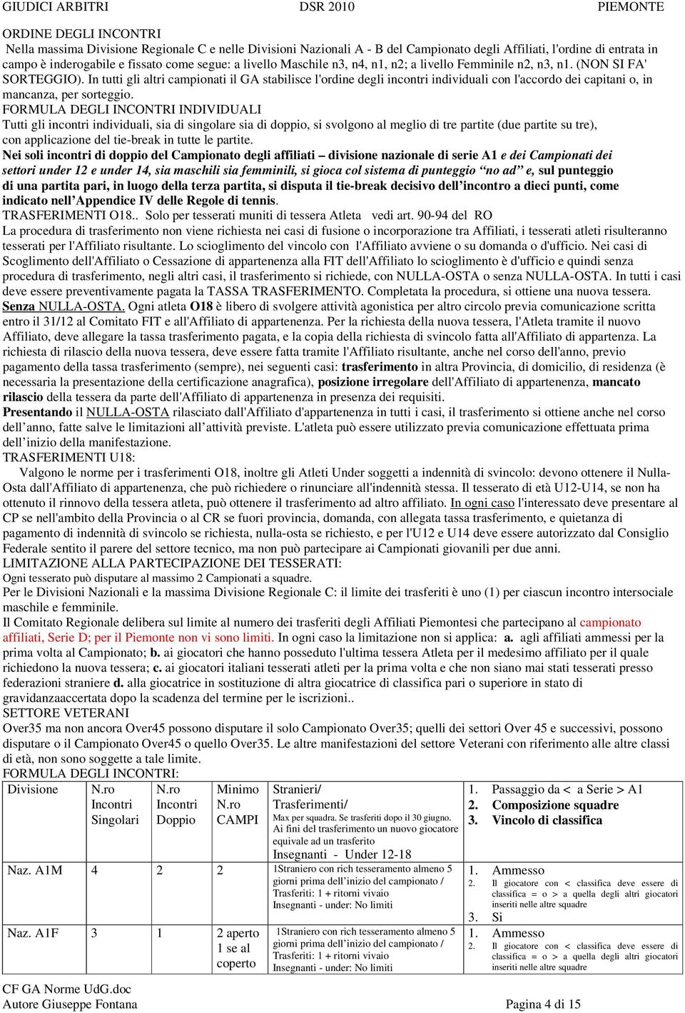 In tutti gli altri campionati il GA stabilisce l'ordine degli incontri individuali con l'accordo dei capitani o, in mancanza, per sorteggio.