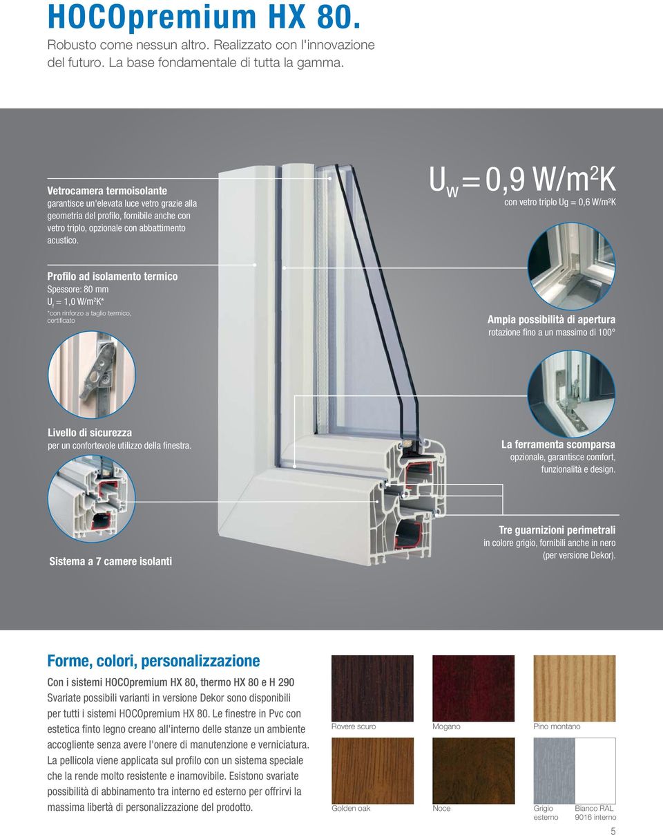 U w = 0,9 W/m 2 K con vetro triplo Ug = 0,6 W/m²K Profilo ad isolamento termico Spessore: 80 mm U f = 1,0 W/m 2 K* *con rinforzo a taglio termico, certifi cato Ampia possibilità di apertura rotazione