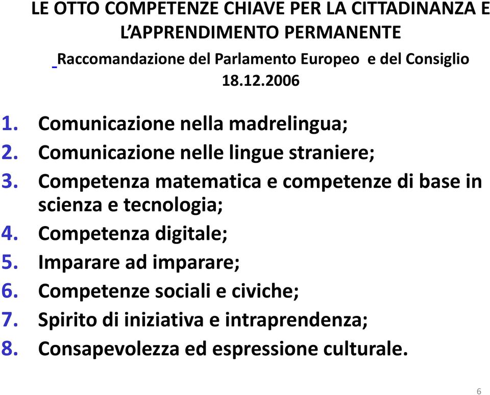 Competenza matematica e competenze di base in scienza e tecnologia; 4. Competenza digitale; 5.