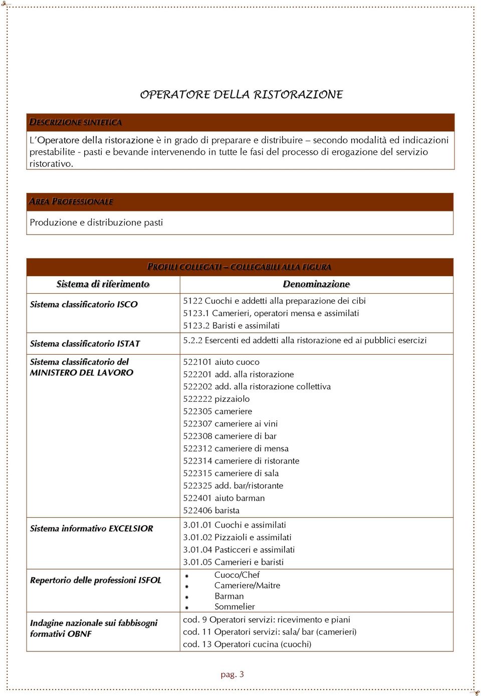 AARREEAA PPRROOFFEESSSSI IIOONNAALLEE Produzione e distribuzione pasti SSi isst teemaa ddi i rri ifeerri imeennt too Sistema classificatorio ISCO Sistema classificatorio ISTAT PPRROOFFI IILLI