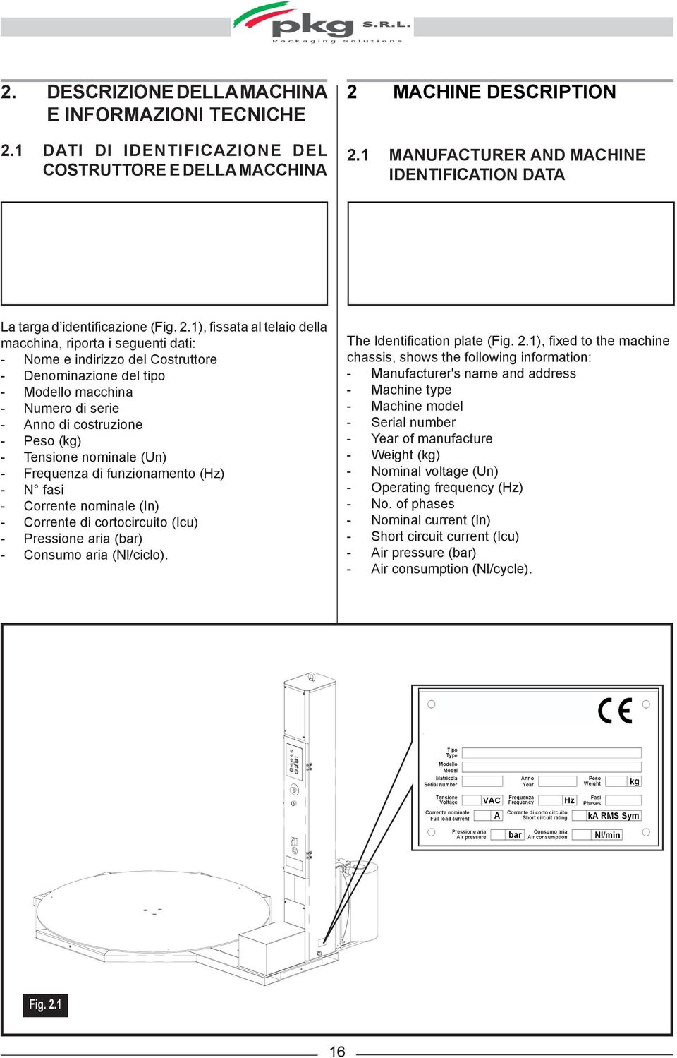 1), fissata al telaio della macchina, riporta i seguenti dati: - Nome e indirizzo del Costruttore - Denominazione del tipo - Modello macchina - Numero di serie - Anno di costruzione - Peso (kg) -