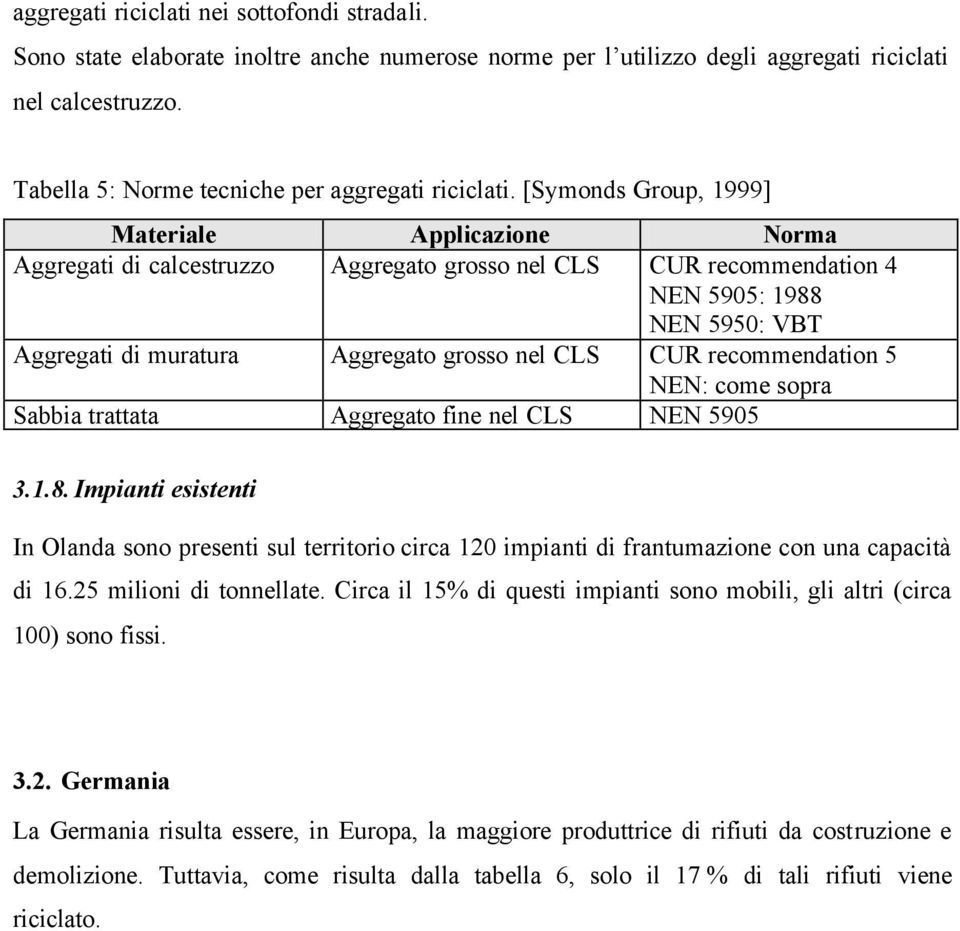 [Symonds Group, 1999] Materiale Applicazione Norma Aggregati di calcestruzzo Aggregato grosso nel CLS CUR recommendation 4 NEN 5905: 1988 NEN 5950: VBT Aggregati di muratura Aggregato grosso nel CLS