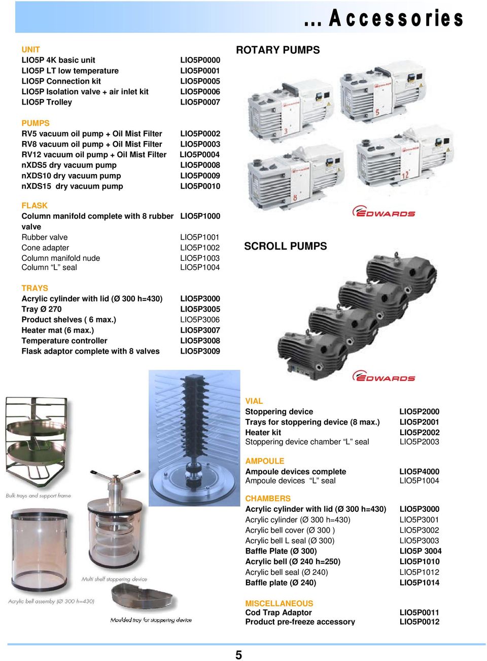 Rubber valve 00 Cone adapter 002 Column manifold nude 00 Column L seal 004 SCROLL PUMPS TRAYS Acrylic cylinder with lid (Ø 00 h=40) Tray Ø 270 Product shelves ( 6 max.) Heater mat (6 max.