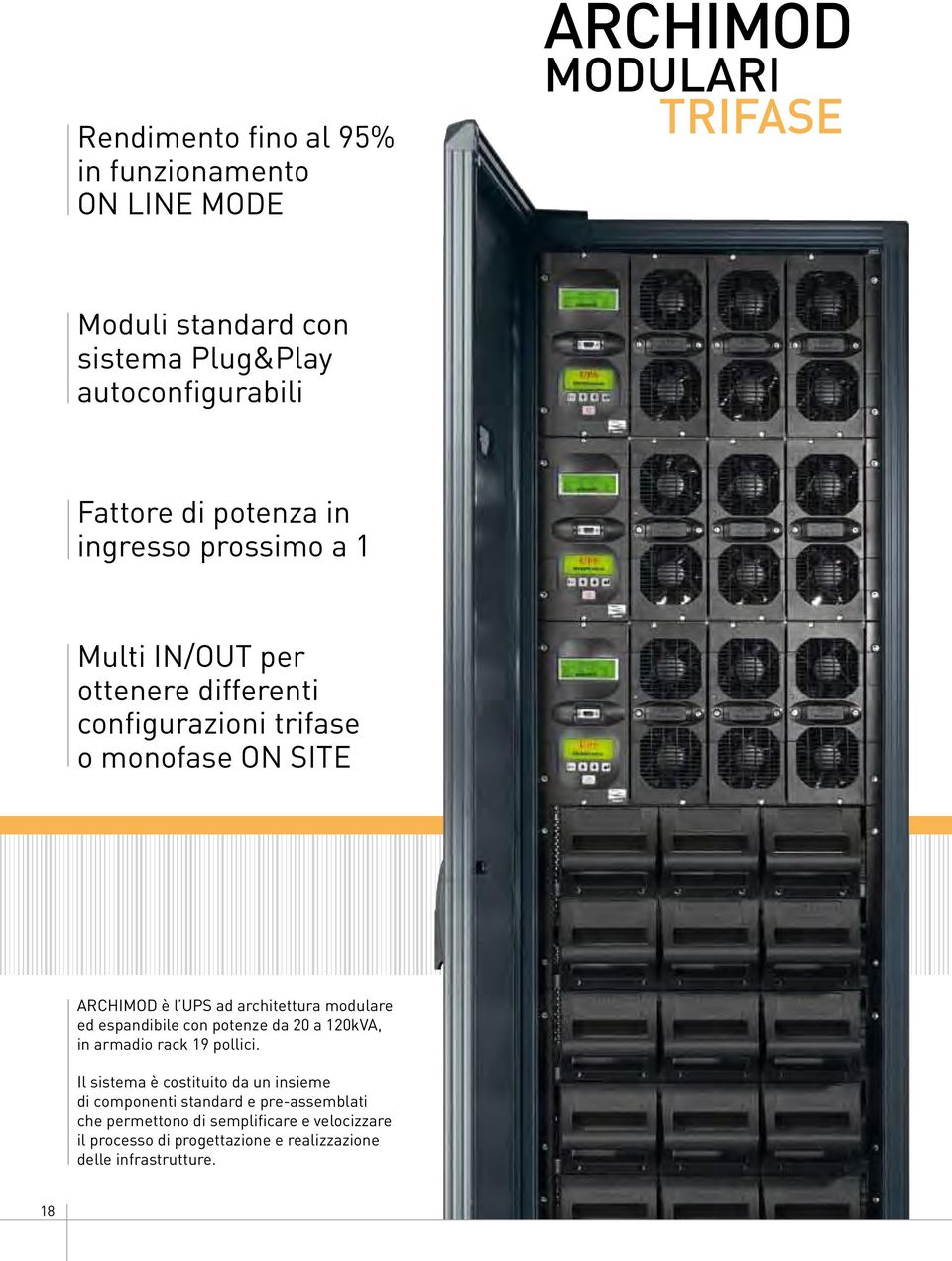 architettura modulare ed espandibile con potenze da 20 a 120kVA, in armadio rack 19 pollici.